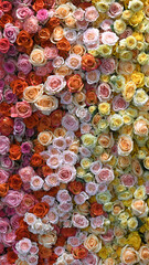 Flowers wall background with amazing red, yellow, purple, and pink roses. Flower banner backgrounds. Hand Made wedding decoration. Colorful flowers mix. Pattern of flowers. Valentine backgrounds.