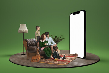 Young family, man, woman and kids sitting and looking on huge 3D model of phone screen. Concept of family, online shopping, application, sales