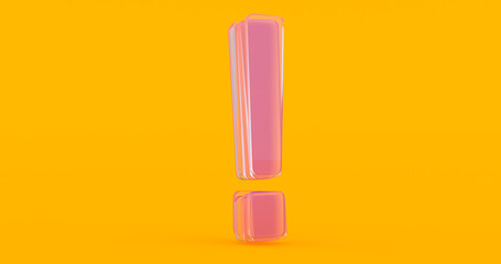 3D render of glass exclamation mark symbol isolated on orange background