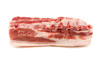 A piece of raw beef or pork meat on a white background. Raw meat with ribs and bones