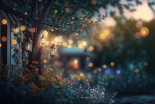 illustration abstract background of glitter glow fairy lights, string lights with bokeh with flower	
