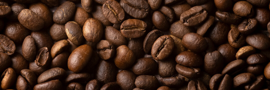 Roasted coffee beans background. Healthy beverage ingredients