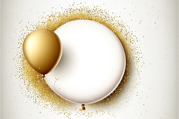 Gold shiny confetti and gold balloons on white background, middle has open space for your message copy, Celebration and party invitation concept