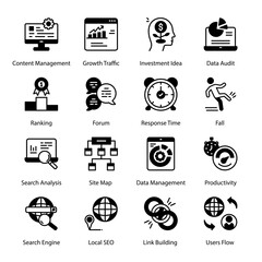 Obraz premium Landing Page, Usability Audit, Web Optimization, Search, Web Development, Page Speed, Mortgage Lender Software, Mobile Optimization, Web Design, Glyph Icons - Solid, Vectors
