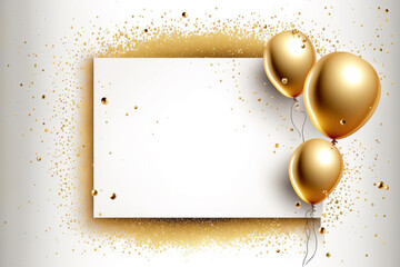 Gold shiny confetti and gold balloons on white background, middle has open space for your message copy, Celebration and party invitation concept