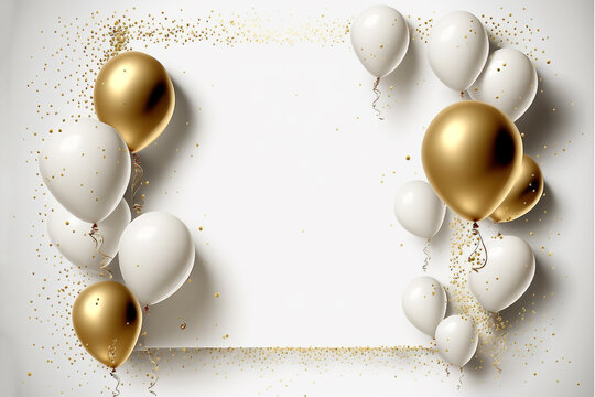 Gold shiny confetti and gold balloons on white background, middle has open space for your message copy, Celebration and party invitation concept