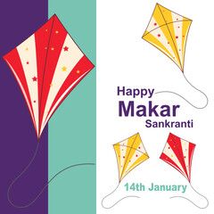 Three Color Vertical Stripes On Big Red And White Kite, Kite Festival, Happy Makar Sankranti Text, Two Color Kites
