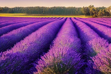 Naklejka na ściany i meble Purple lavender field. Lavender flowers. Blooming purple fragrant lavender flowers. Illustration for perfumery, health products, wedding.