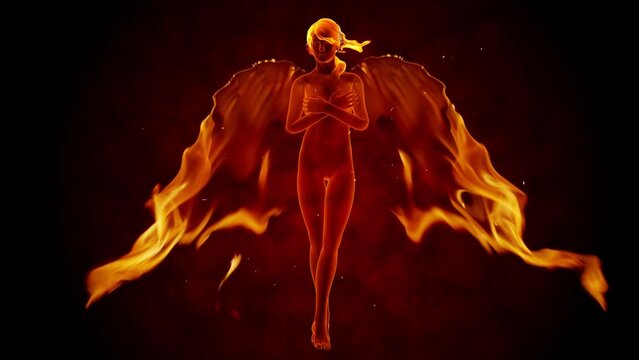 Fire angel. Fiery girl with flaming wings.
