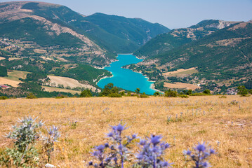 Beautiful Fiastra lake in Italy seen from above