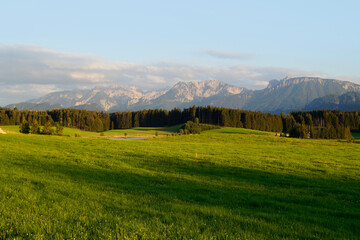 hiking trail overlooking scenic alpine lake Attlesee and the lush alpine valley with its endless green alpine meadows in the Bavarian Alps in Nesselwang, Allgaeu or Allgau, Bavaria, Germany
