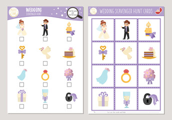 Vector wedding scavenger hunt cards set. Seek and find game with cute bride and groom for kids. Marriage ceremony searching activity. Simple educational printable worksheet.