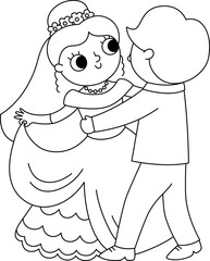 Vector black and white illustration with bride and groom. Cute just married couple. Wedding ceremony line icon. Cartoon marriage coloring page with newly married couple dancing their first dance.