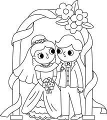 Vector black and white illustration with bride and groom. Cute just married couple. Wedding ceremony line icon. Cartoon marriage coloring page with husband and wife standing under the arch.
