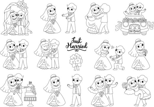 Vector black and white set with bride and groom. Cute line just married couple. Wedding ceremony coloring page. Cartoon marriage scenes with rings, cake, honeymoon car, arch, kissing.
