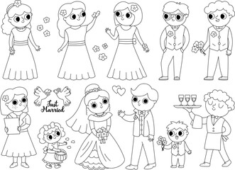 Vector black and white set with bride, groom and their guests. Cute just married couple with bridesmaids, bridegrooms, children, waiter, registrar. Wedding ceremony coloring page.