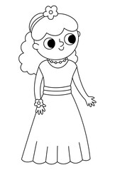 Vector black and white bridesmaid illustration. Cute line girl in dress with flower in hair. Wedding ceremony icon. Cartoon marriage guest. Elegant woman coloring page. Cute lady in smart outfit.