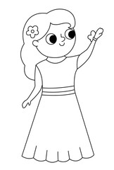Vector black and white bridesmaid illustration. Cute line girl in dress with flower in hair. Wedding ceremony icon. Cartoon marriage guest. Elegant woman coloring page. Cute lady in smart outfit.