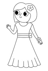 Vector black and white bridesmaid illustration. Cute line girl in dress with flower in hair. Wedding ceremony icon. Cartoon marriage guest. Elegant woman coloring page. Cute lady in smart outfit.