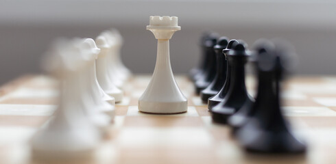 Chess set on the chess board. With selective focus on white pieses. - obrazy, fototapety, plakaty