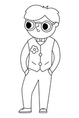 Vector black and white bridegroom illustration. Cute outline boy in glasses and vest. Wedding ceremony line icon. Cartoon marriage guest. Elegant man coloring page. Cute gentleman in smart suit.