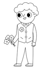 Vector black and white bridegroom illustration. Cute outline boy in vest with flower. Wedding ceremony line icon. Cartoon marriage guest. Elegant man coloring page. Cute gentleman in smart suit.