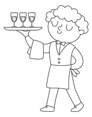 Vector black and white waiter illustration. Cute outline man in uniform serving sparkling drinks on a tray with towel. Wedding ceremony service boy line icon. Restaurant worker coloring page.