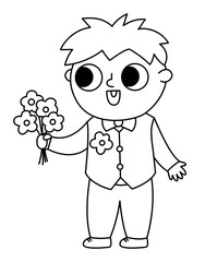 Vector black and white little bridegroom illustration. Cute outline boy in vest with flower bouquet. Wedding ceremony kid line icon. Cartoon marriage guest. Elegant baby coloring page.