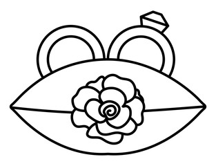 Vector black and white wedding rings with stone on little pillow with rose. Cute marriage or proposal clipart element or for bride and groom. Just married couple ceremony accessory coloring page.