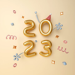 2023 3d text New Year with falling shiny confetti on yellow background, 3D render illustration