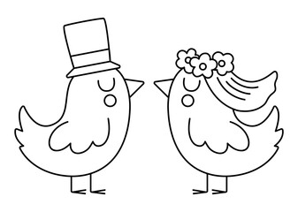 Vector black and white bride and groom birds in veil with flowers and hat. Cute wedding line animals. Funny marriage clipart element. Just married kissing couple. Cartoon ceremony coloring page.