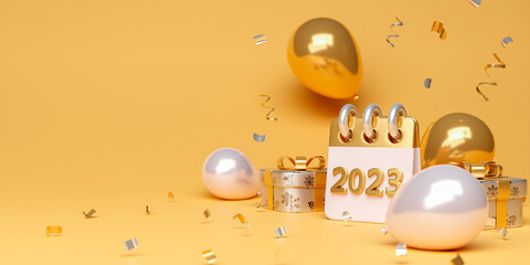 Happy New Year 2023 design creative concept with glittering confetti on gradient premium background. Copy space text area, 3D rendering illustration