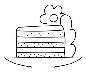 Vector black and white wedding cake piece on a plate with flower, cream. Cute marriage line clipart element. Just married couple dessert coloring page. Cartoon ceremony illustration.