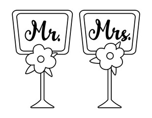 Vector black and white wedding dining table plates with Mr. and Mrs. Inscription. Cute marriage line symbol clipart element for bride and groom. Just married couple banquet decoration.