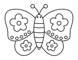 Vector black and white cute decorated butterfly with flowers. Cute line wedding insect. Funny animal clipart element or coloring page.
