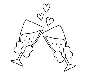 Vector black and white wedding clinking glasses with bow and sparkling drink. Cute marriage symbol clipart element for bride, groom. Just married couple banquet decoration or coloring page.