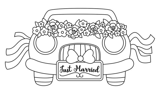Vector black and white wedding car decorated with flowers and ribbons. Honeymoon line automobile with just married plate. Cute marriage clipart. Bride and groom transportation coloring page.