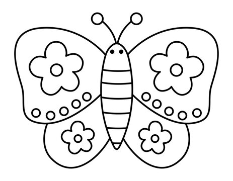 Vector black and white cute decorated butterfly with flowers. Cute line wedding insect. Funny animal clipart element or coloring page.