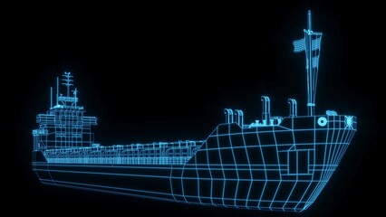 3D rendering illustration ship blueprint glowing neon hologram futuristic show technology security for premium product business finance transportation 