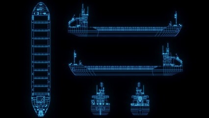 3D rendering illustration ship blueprint glowing neon hologram futuristic show technology security for premium product business finance transportation 
