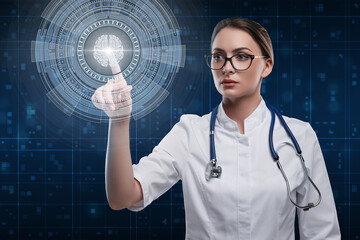 Woman doctor pointing hud futuristic interface. Brain examination concept