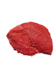 A piece of raw red beef on a white isolated background close-up
