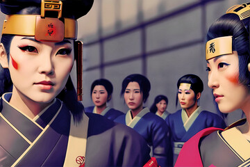 Old-fashioned female Japanese officers stand in front of a group of female soldiers in kimonos, fictional person, made with generative AI