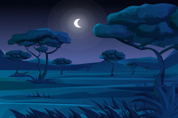Savannah night scene with fields, mountains, trees and grass in moonlight, landscape background in cartoon style.