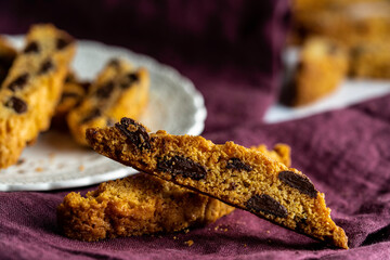 Chocolate-chip biscotti, the Italian twice-baked cookie or biscuit that is typically dunked in...