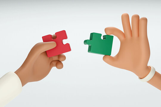 jigsaw puzzle pieces symbol of teamwork. Problem-solving, business challenge in 3d hand of connection jigsaw puzzle, partnership success. cartoon teamwork puzzle success icon. 3d render illustration