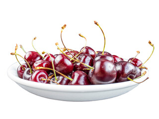 ripe cherries on a white plate close-up isolated