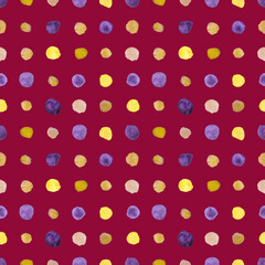 Seamless pattern bright yellow and purple dots painted in watercolor on a dark Magenta background. For fabric, sketchbook, wallpaper, wrapping paper.