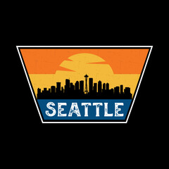 Seattle Washington USA Skyline Silhouette Retro Vintage Sunset Seattle Lover Travel Souvenir Sticker Vector Illustration SVG EPS