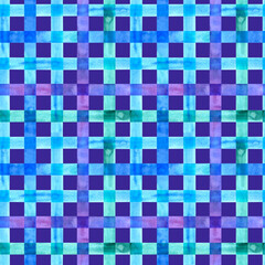 Watercolor seamless checkered pattern. Strokes texture plaid. Hand painted stripe on purple background.
